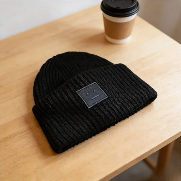 Acne Black Knit Beanie with Face Patch - Picture 1 of 1